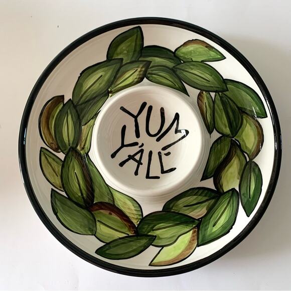 Glory Haus Ceramic Chip & Dip Serving Bowl Yum Y’all White Green Black
